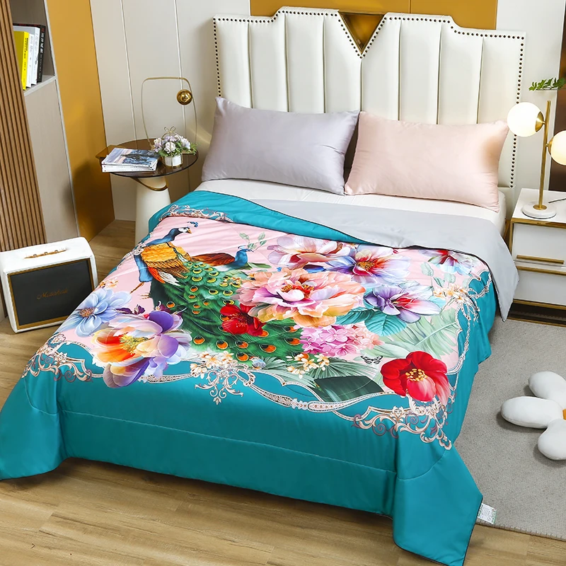 Peacock Floral Pattern Summer Quilt Washed Silk Air Conditioning Thin Quilts for Adult Kids Home Textiles Luxury Bedding Decor