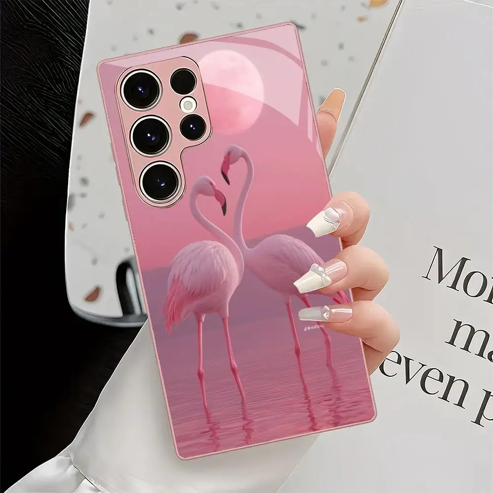Pink Moon Flamingo Pattern Glass Phone Case Suitable for Samsung Galaxy S26 S25 S24 S22 S21 S20 FE/Ultra/Plus Anti Drop