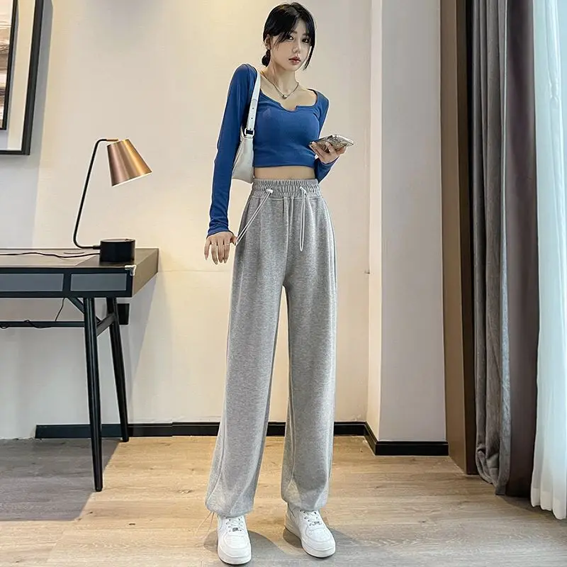 Women Gray Sweatpants High Waist Baggy Joggers Loose Wide Leg Cuffed Casual Streetwear Fall Lounge Trousers
