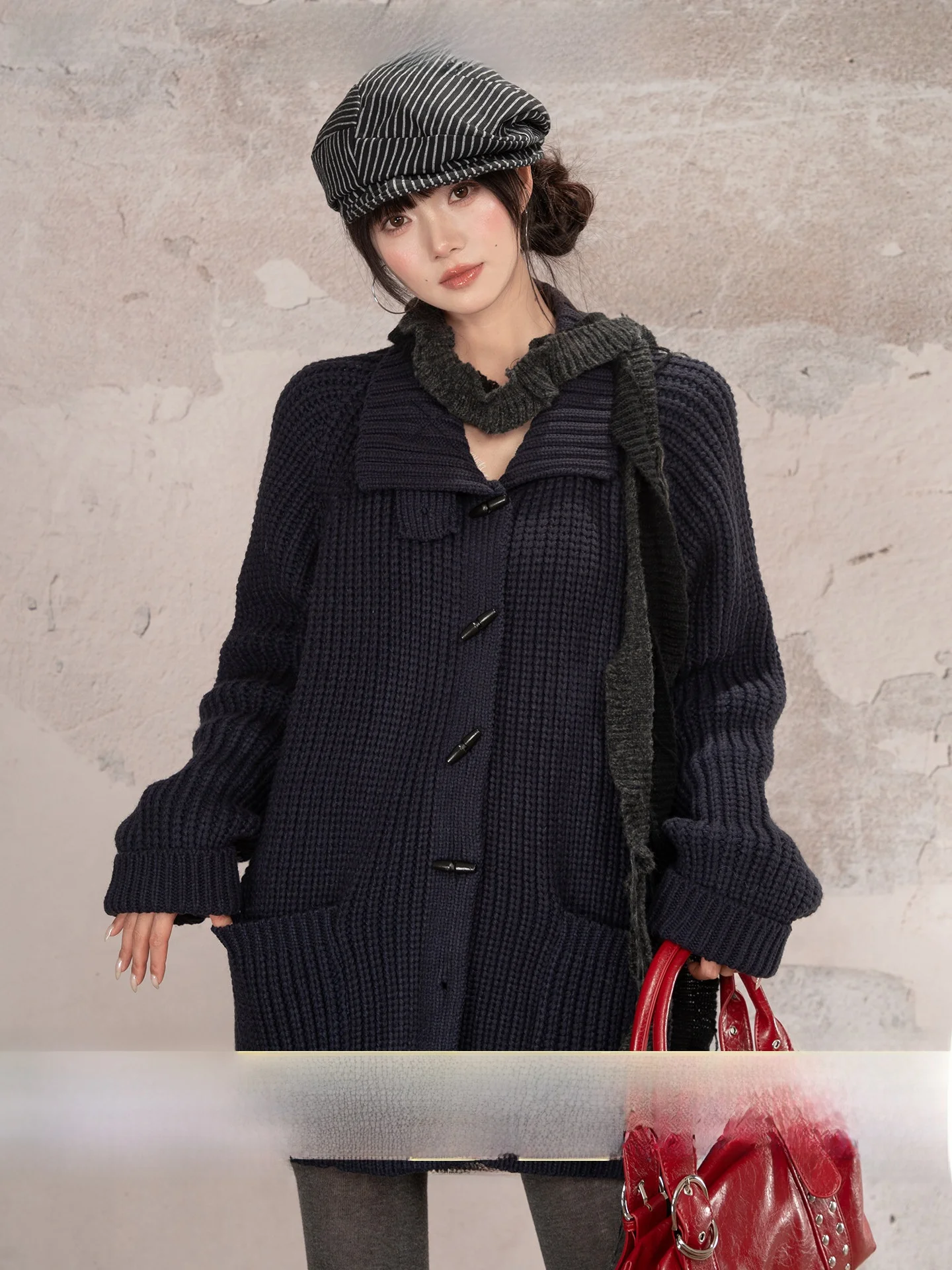 

Loveheynew k Blue Button-Up Collar Mid-Length Open Cardigan Sweater Women Winter Lazy Faion Outerwear Comfortable Fit