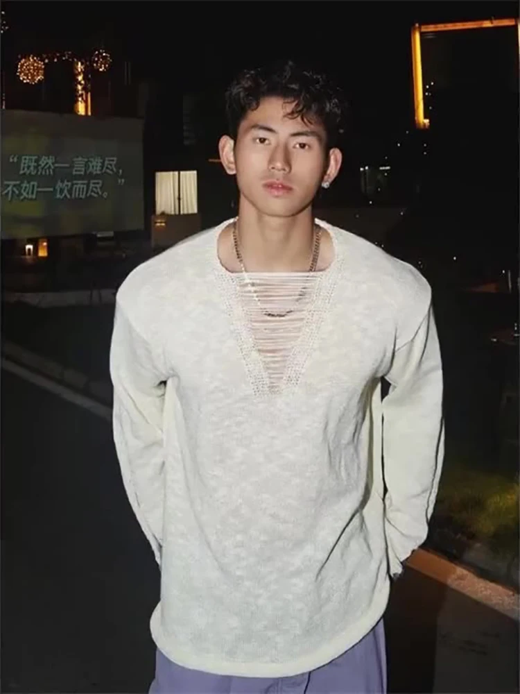 High Street Knit Sweater Men Hollow Out V-Neck Pullover Trendy Korean Micro Transparent Knitted Sweater Autumn Thin Street Top