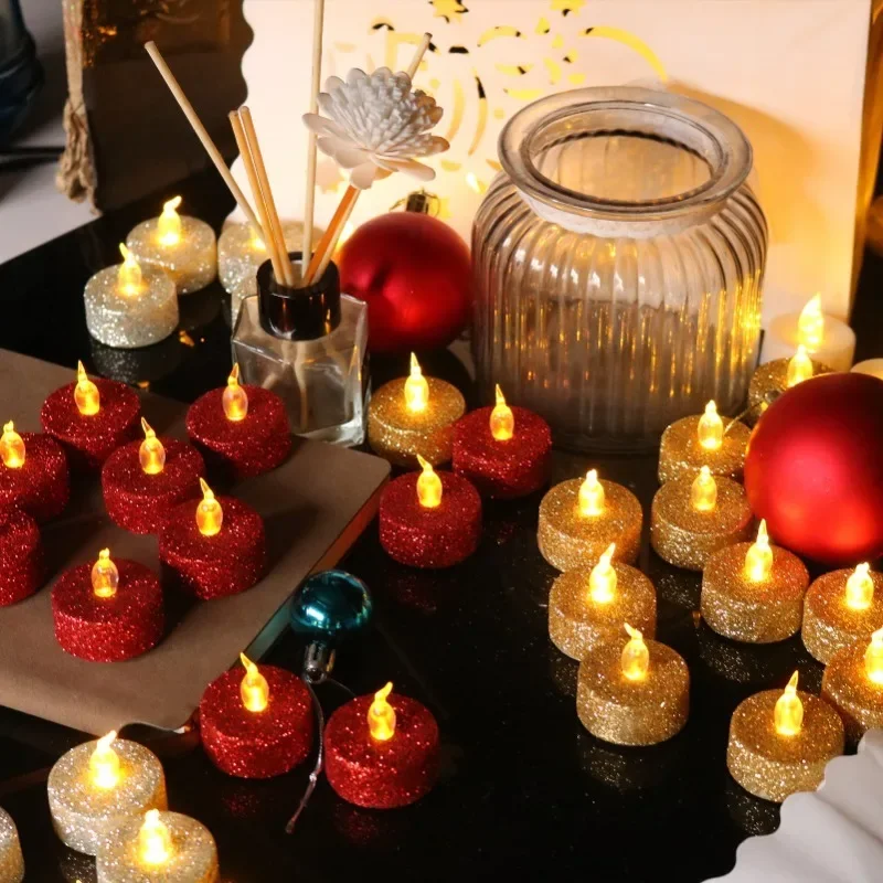 Bougies LED sans flamme en poudre d'or en plastique créatif, décorations de Noël, décoration d'intérieur, lumières électroniques, 12 pièces par paquet