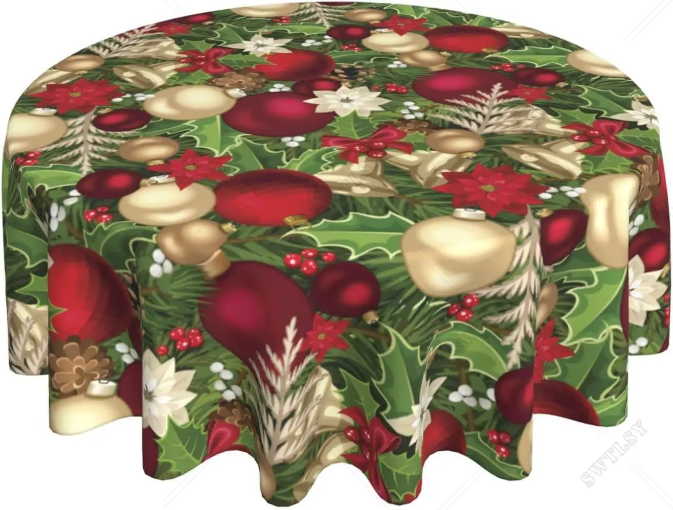 Blooming Poinsettia Holly Berry Christmas Pattern Tablecloth Round 60 Inch Water Resistant Washable Polyester Circle Table Cover