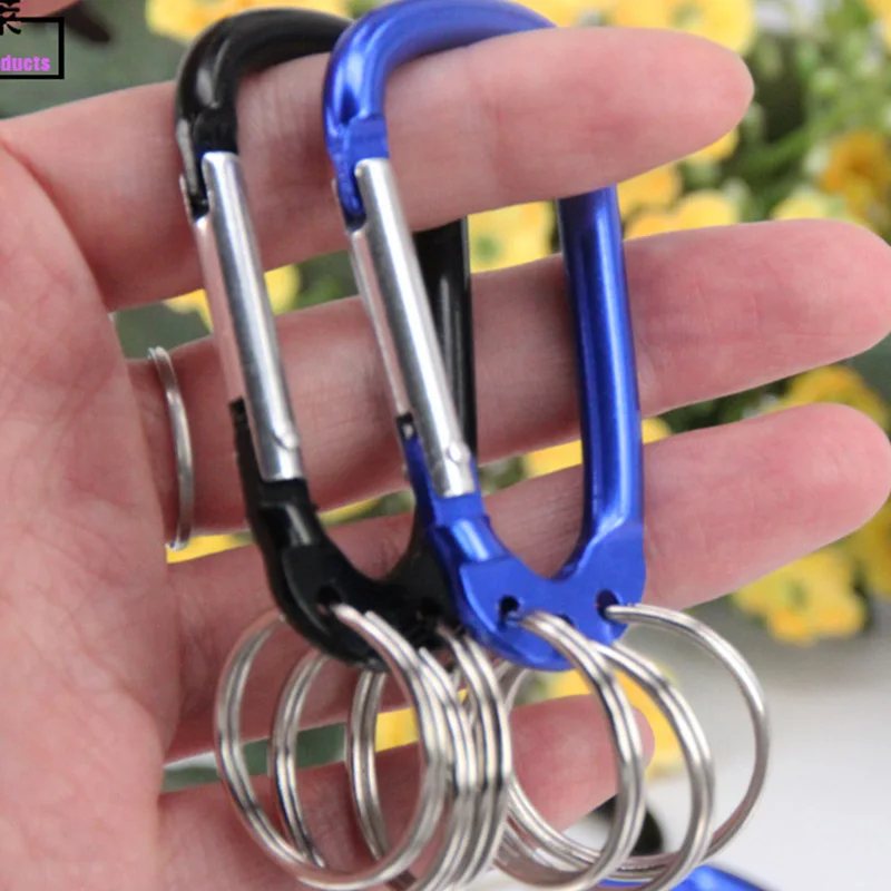 1Pc Carabiner Keychain D Shape Aluminum Alloy Multifunction Hook with 3 Key Rings Outdoor Key Chain Clip