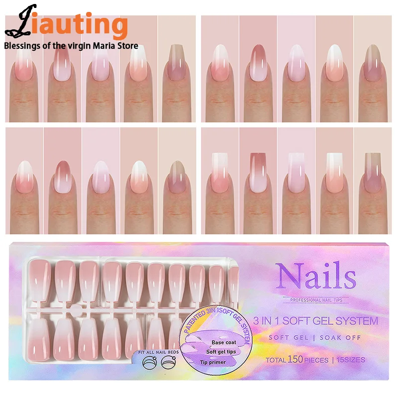 150Pcs/Box Acrylic Press On Nails Full Cover Gradient Fake False Tips Soft Gel Extension T-shaped Oval Capsule Almond Sculpted