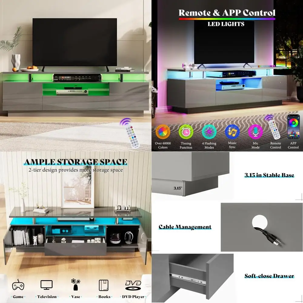 

70-inch High Gloss TV Stand with LED Lights, 2-Tier Console Table for TVs up to 80”, Modern Entertainment Center