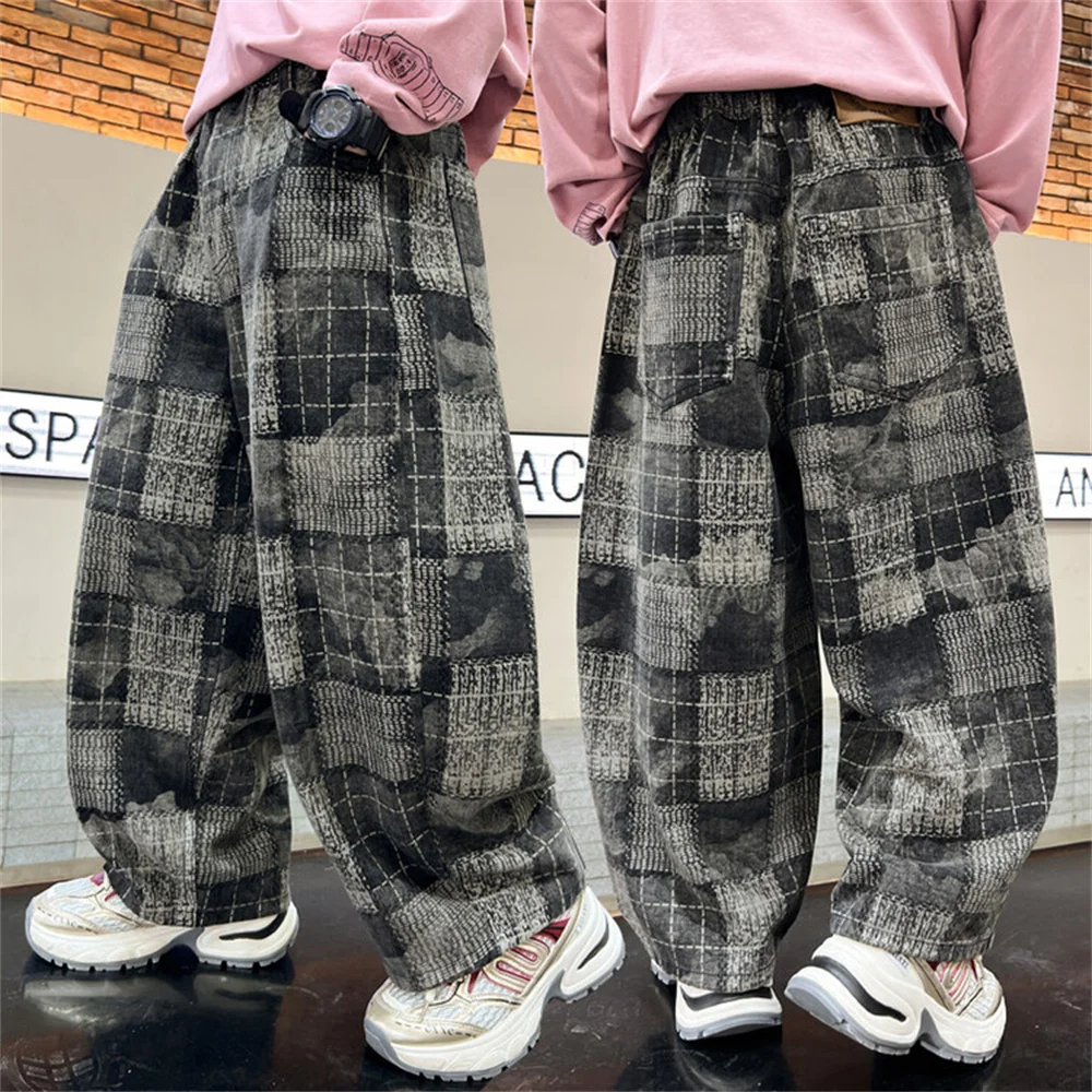 B527 Boy Cargo Pants Printed Boy' Pants Children's Checkered Casual Pants With Wide Legs Kid Street Dance Pants