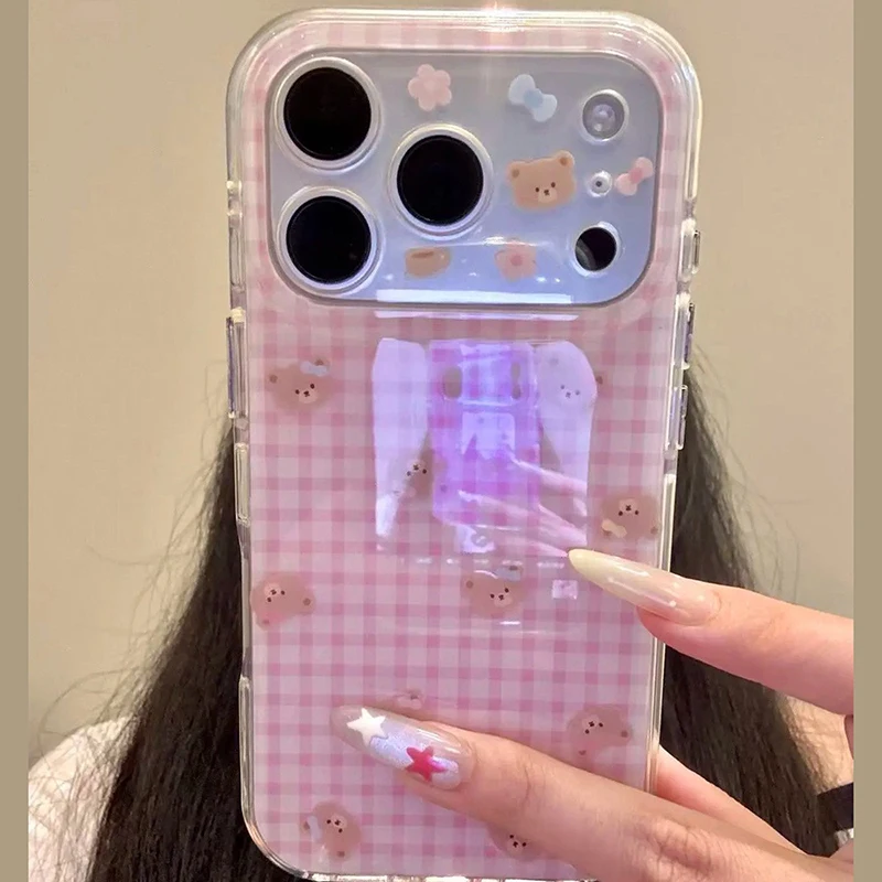 Pink Bow Bear Flower Grid Pattern Silicone Soft Phone Case For iPhone 17 16 15 Pro Max 14 13 12 11 Pro Shockproof Bumper Cover