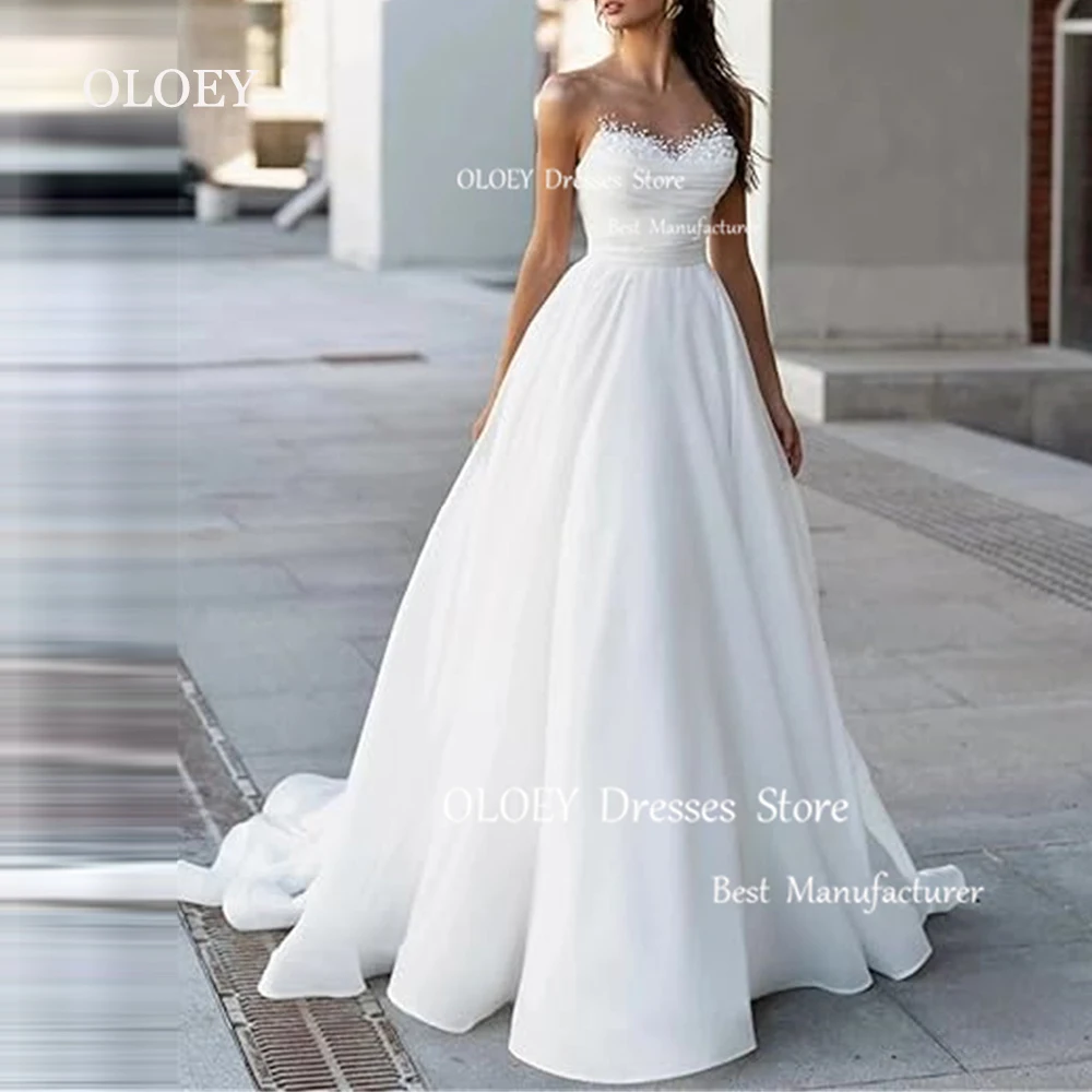 

OLOEY Elegant Crystal Sweetheart Wedding Dress Silky Tulle A Line Sleeveless Bridal Gowns Floor Length Custom Robe De Marriage