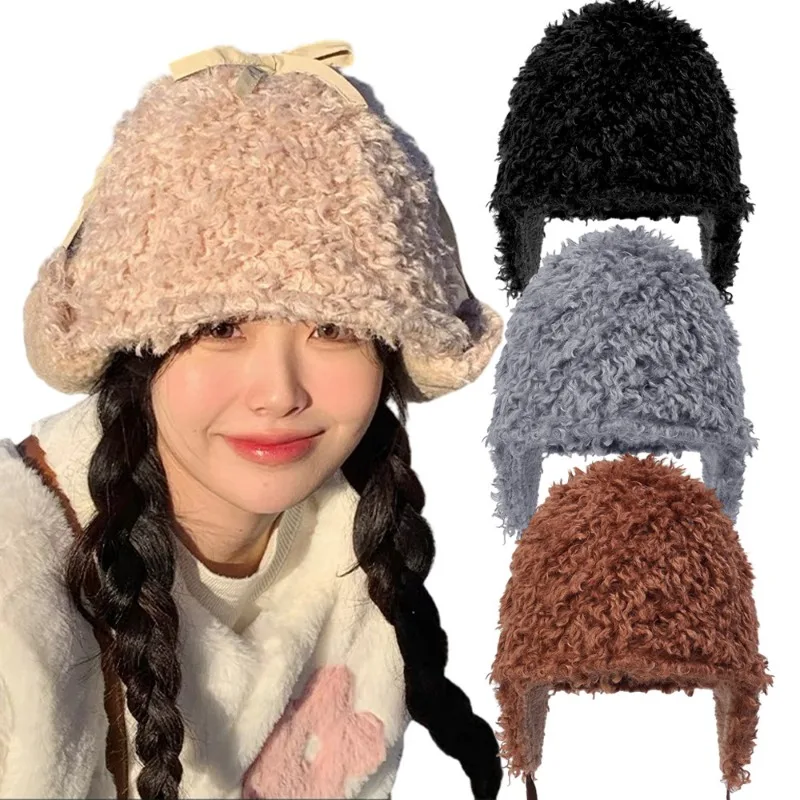 Winter Ear Protection Hats Women Sweet Korean Retro Plush Outdoor Thickened Warm Cute Strap Lace-up Beanies Pullover Cap