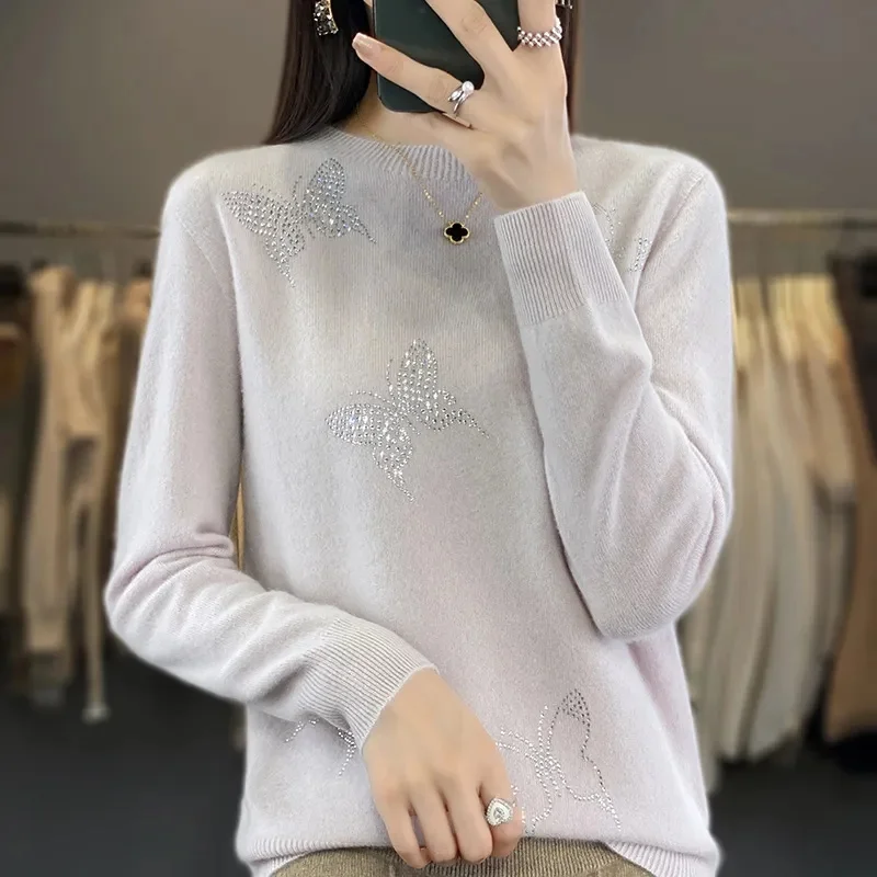 

Spring Autumn Round Neck Female Wool Knitted Sweater Fashion Butterfly Hot Diamond Women Knitwear Loose Ladies Pullover Knit Top