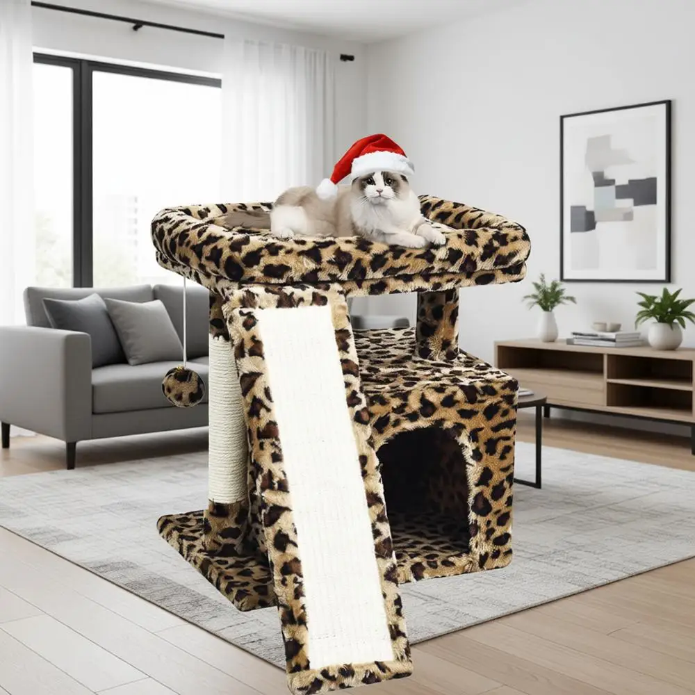 

Leopard Print Cat Tree for Indoor Cats: Tower with Scratching Post, Ramp Pad, Condo, Perch Bed, Play House, Plush Ball & Cave