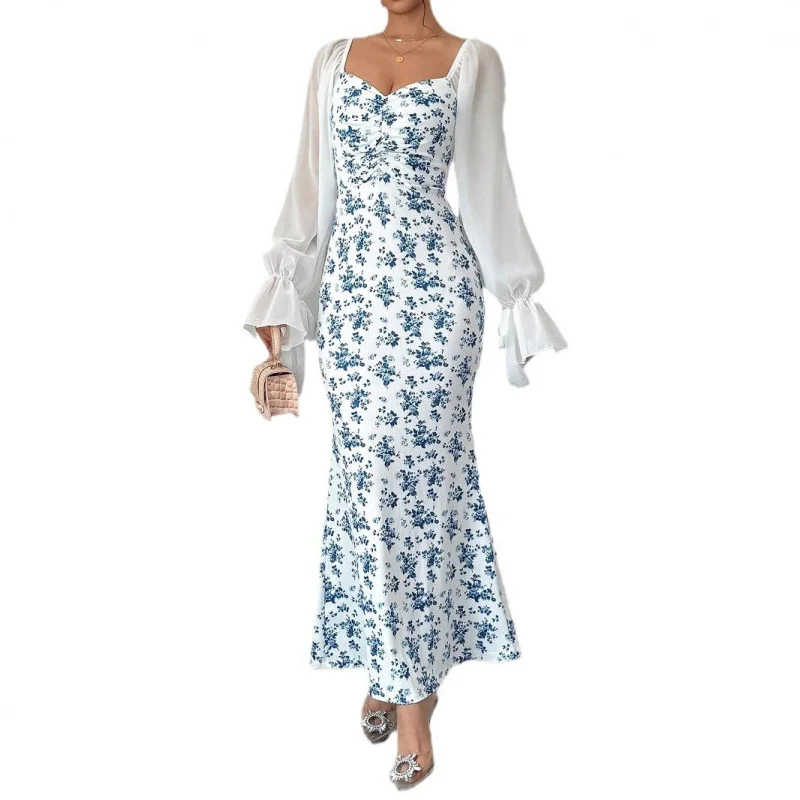 Europäische und amerikanische neue Damenbekleidung 2025, langärmliges, figurbetontes Maxikleid aus Chiffon mit Patchwork-Strickmuster für Damen