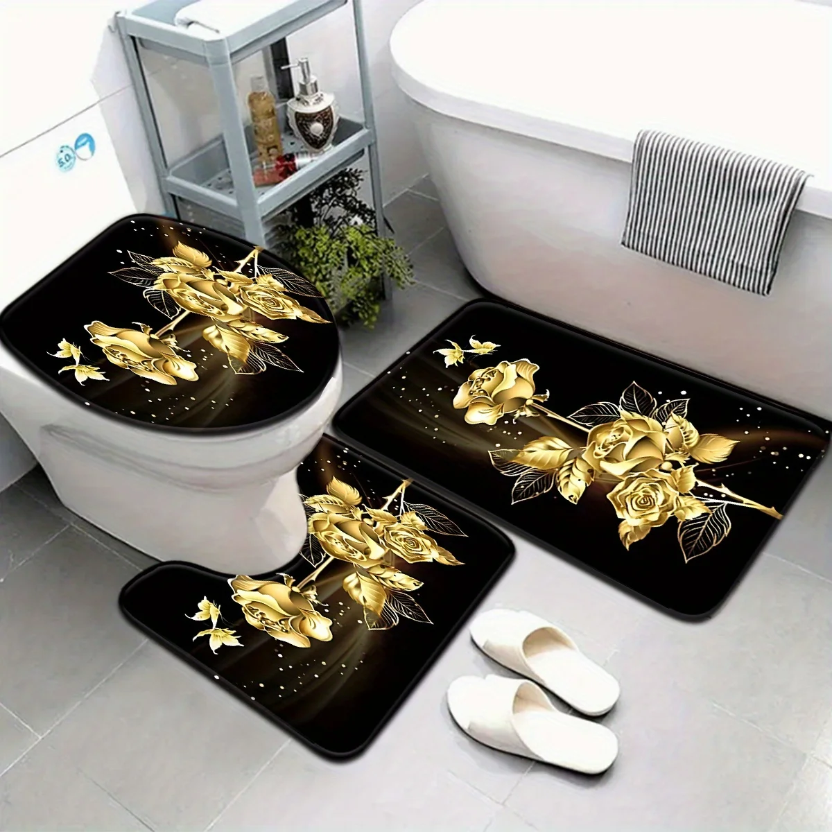 

3pcs Golden Rose Butterfly Bathroom Rug Set Non-Slip U-Shaped Mat and Toilet Lid Cover Black Gold Theme Washable Floor Mats