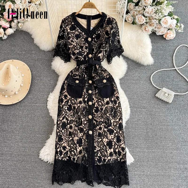 

Runway Women V Neck Embroidery Hollow Out Lace Long Dress Elegant Small Fragrance Summer Single-breasted Dresses Party Vestidos