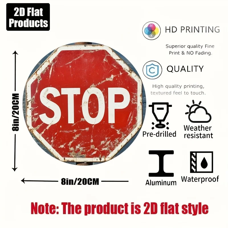 2D Flat - Vintage-Inspired 'Stop' Round Aluminum Sign - 20.32x20.32 cm, Rustic Red & White Design, Wall-Mounted Decorative Plaqu