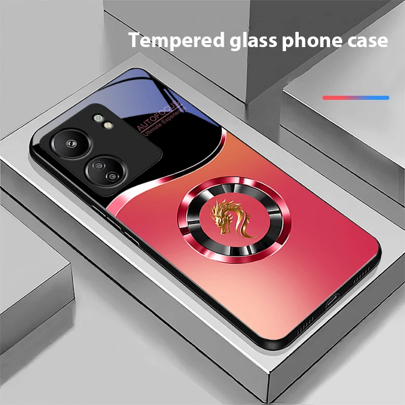Gradient Circle Dragon For Xiaomi Redmi 13C Note13 12 Pro Plus 5G Note 9 13T Pro POCO X6 F5 F6 Black Tempered Glass Phone Case