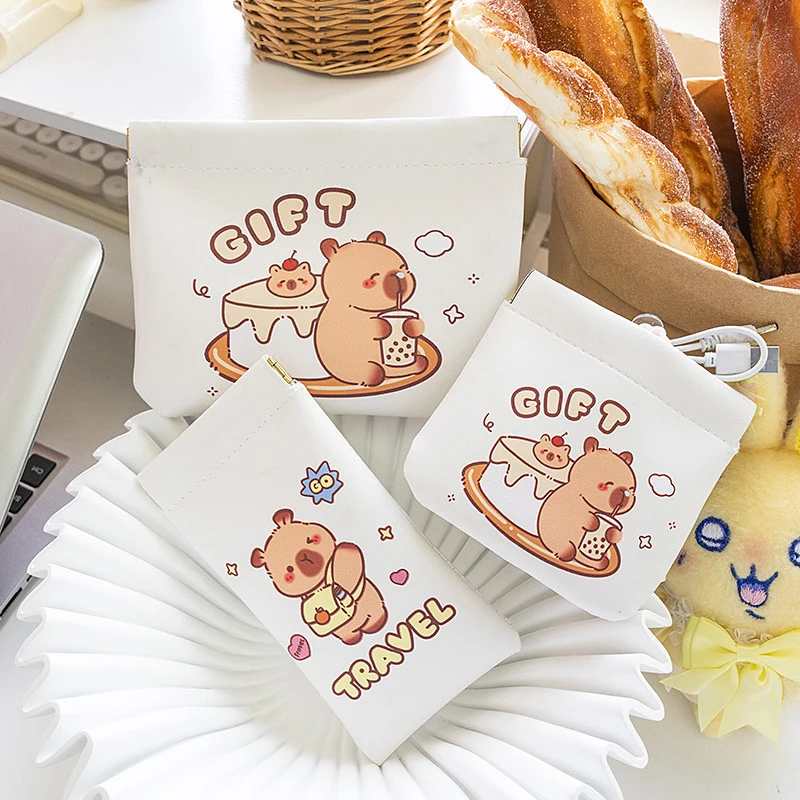 Karikatür Pu Deri Kendiliğinden kapanan Ruj saklama çantası Çanta Capybara Gözlük Çantası Kulaklık Çantası Mini Kozmetik Çantası Seyahat Malzemeleri