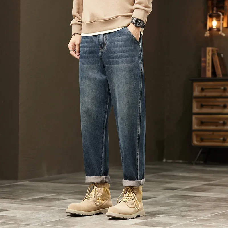 

Jeans Denim Straight Pants Men Washed Distressed Mid Waist Pockets 2025 Streetwear Basics Ankle Length Trousers Vintage Denims