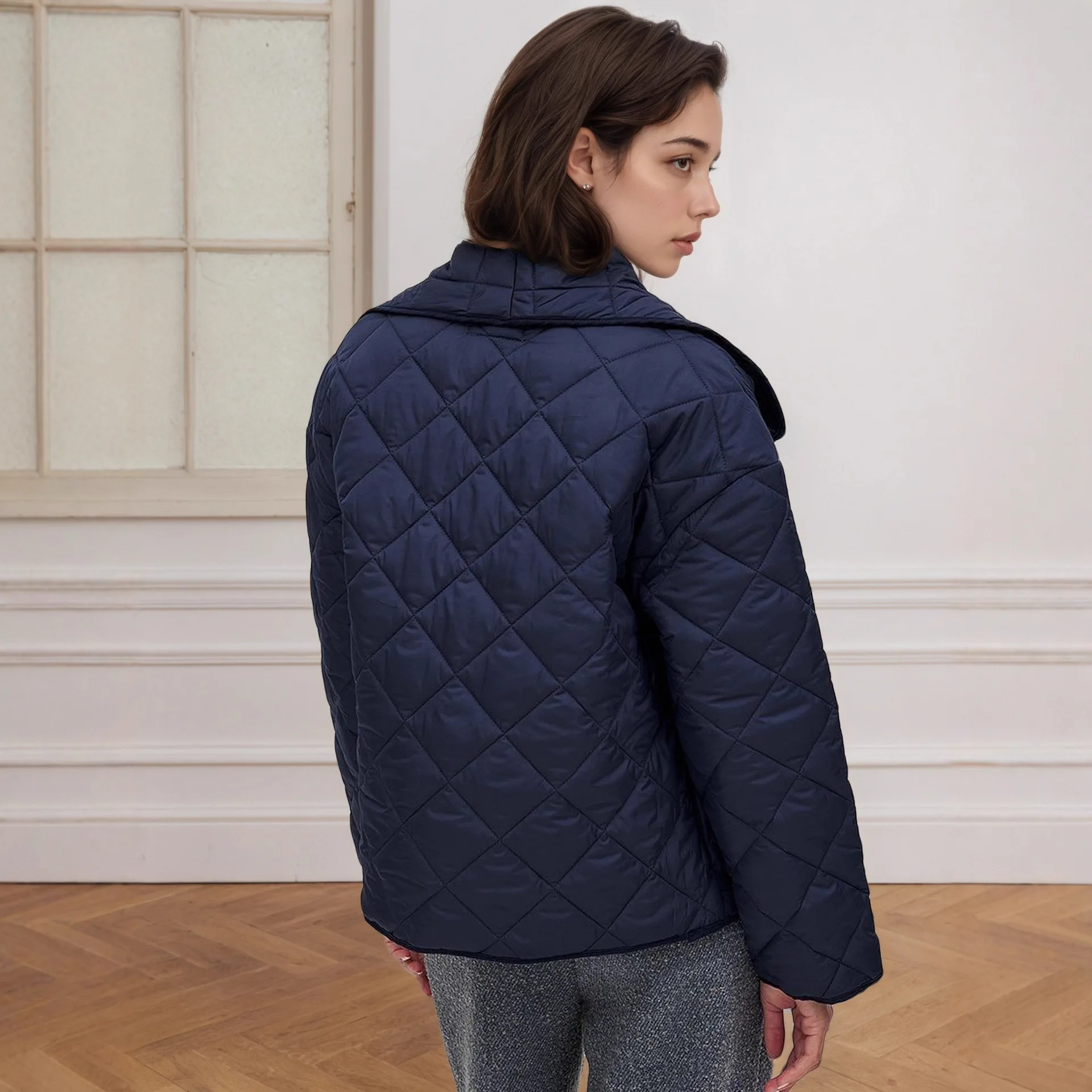 Chaqueta corta acolchada azul marino para mujer, abrigo con cuello tipo chal de gran tamaño, abrigo acolchado, prendas de vestir exteriores cálidas para Otoño e Invierno, regalo de Navidad de Acción de Gracias