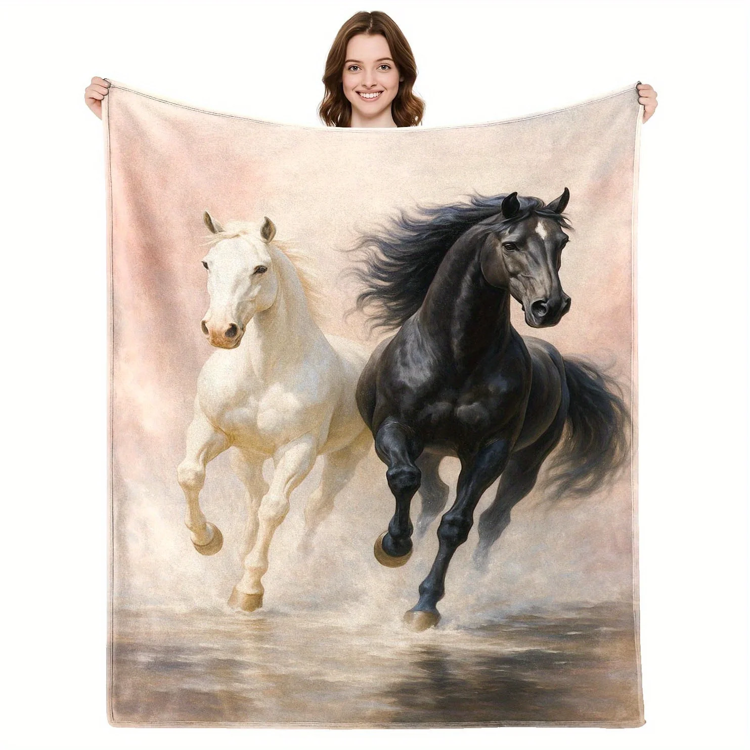 Horse Print Flannel Throw Blanket, 2D Flat Soft Warm Design, Tear Resistant for Home Travel, Multi-Size Decor Gift