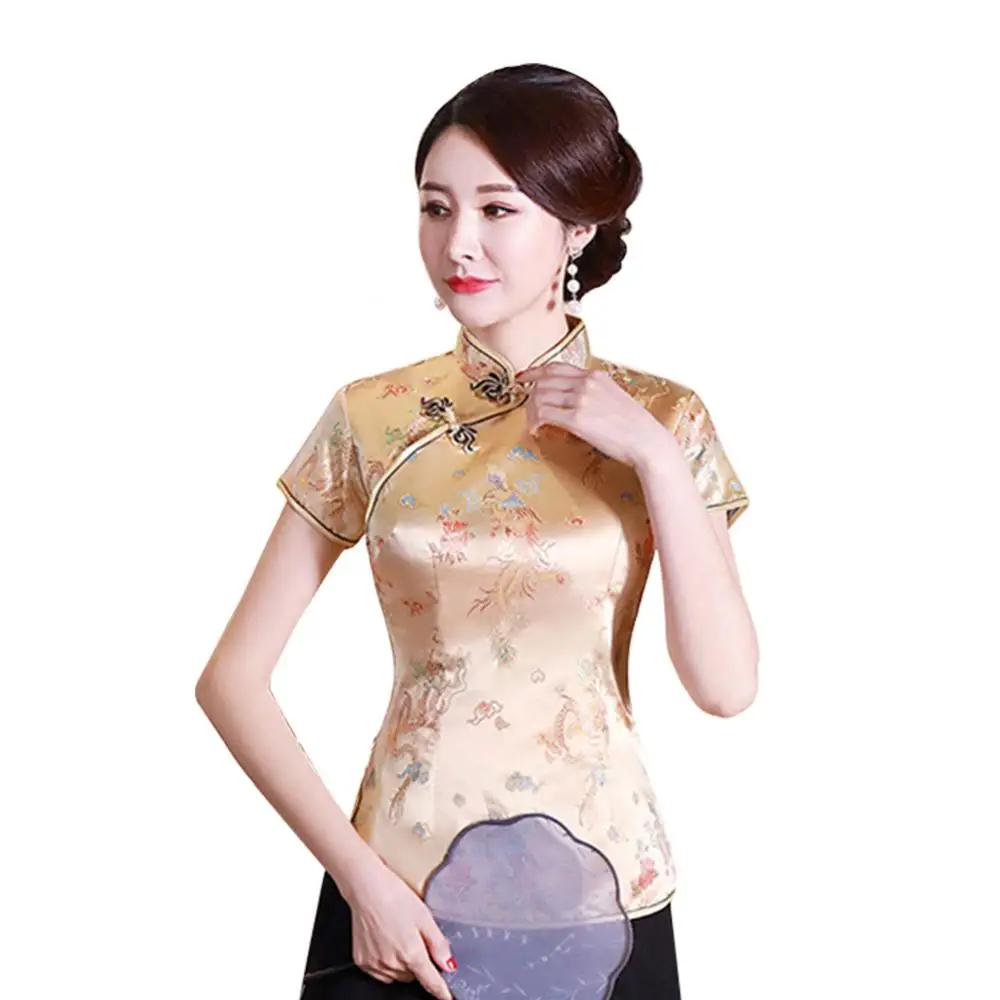 

Women Blouse Shirt Chinese Traditional Cheongsam Qipao Dragon/Phoenix Cheongsam Embroidery Short Sleeve Women Shirt Top Oversize