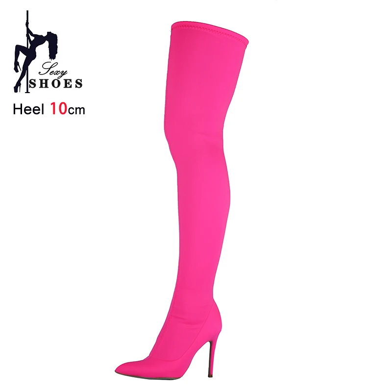 

Тонкие длинные сапоги для женщин выше колена, сексуальные высокие сапоги 10 см, женские сапоги на тонком высоком каблуке из эластичной ткани с острым носком, фетиш-обувь