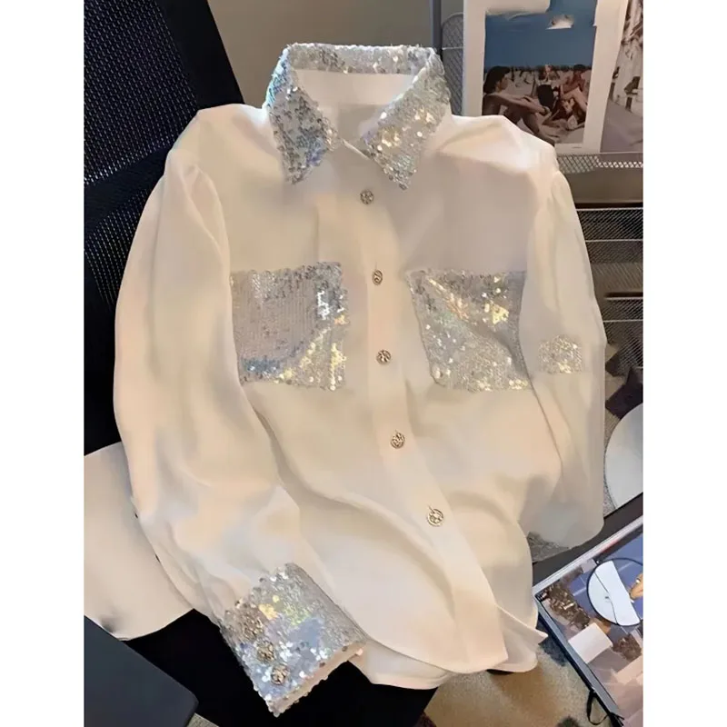 Spliced Sequin White Shirt Women 2024 New Spring High-end Long Sleeved Super Beautiful Temperament Small Blouse Female Tops