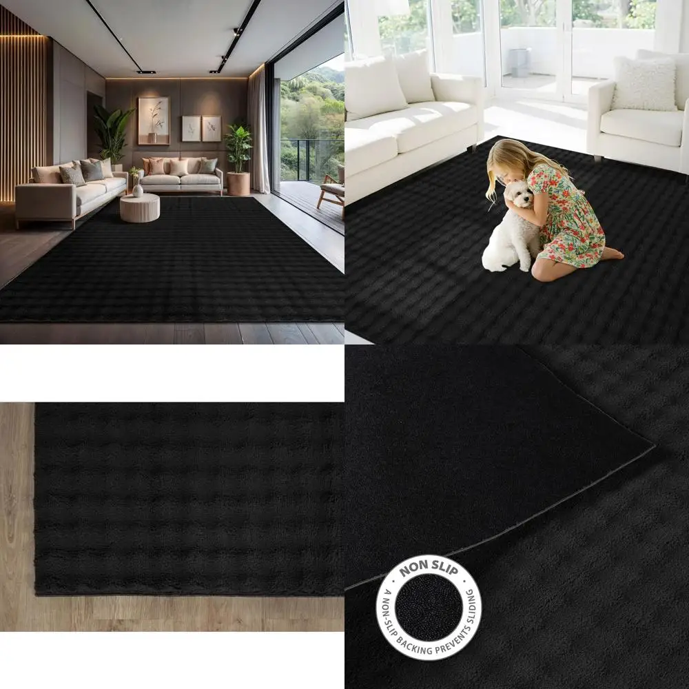 

Ultra Soft High Pile 8x10 Area Rug with Non Skid Rubber Backing - Modern Black Design for Durable and Easy Cleaning