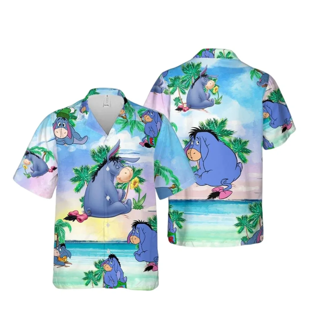 2024 Disney Eeyore Hawaiian Shirts Men's Women Kids Summer Short Sleeve Shirts Disney Hawaiian Beach Shirts