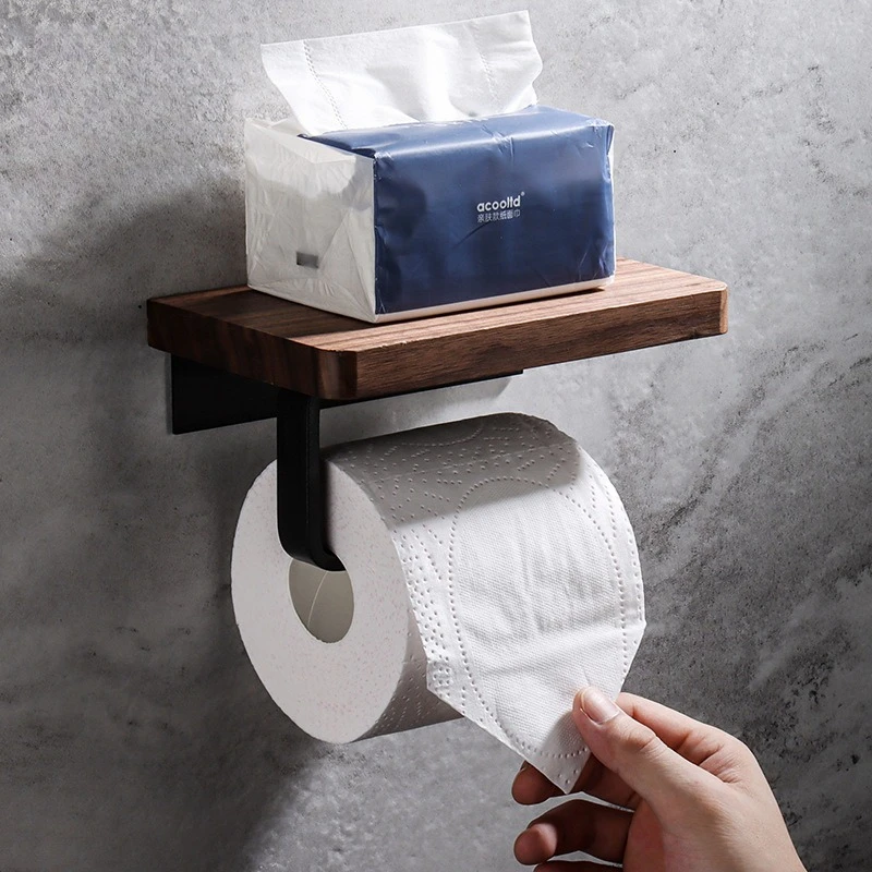 Creative Walnut Wood Toilet Paper Holder No Drill Bathroom Tissue Box with Phone Shelf