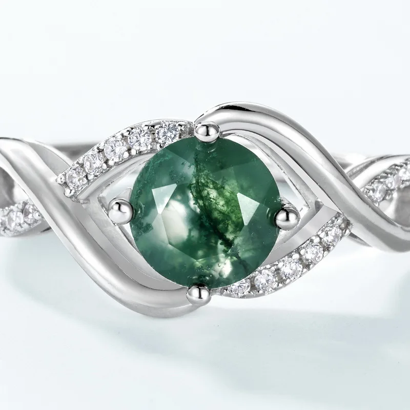 جديد S925 ضوء الفضة النقية الفاخرة الموجي عبر حجر الطحلب الأخضر مطعمة مع العشب المائي العقيق البنصر مجوهرات الزفاف