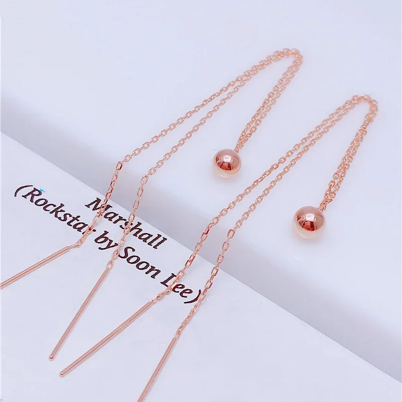 Classic Simplicity Round Glossy Bead Copper Plated Rose Gold Long Earings Double Chains Earrings for Women Party Jewelry
