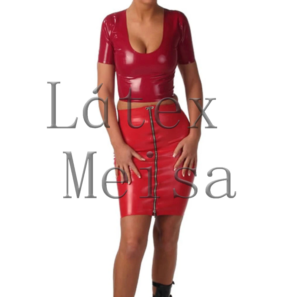

100% handmade latex pencil skirt exclude top with front zip in solid red color