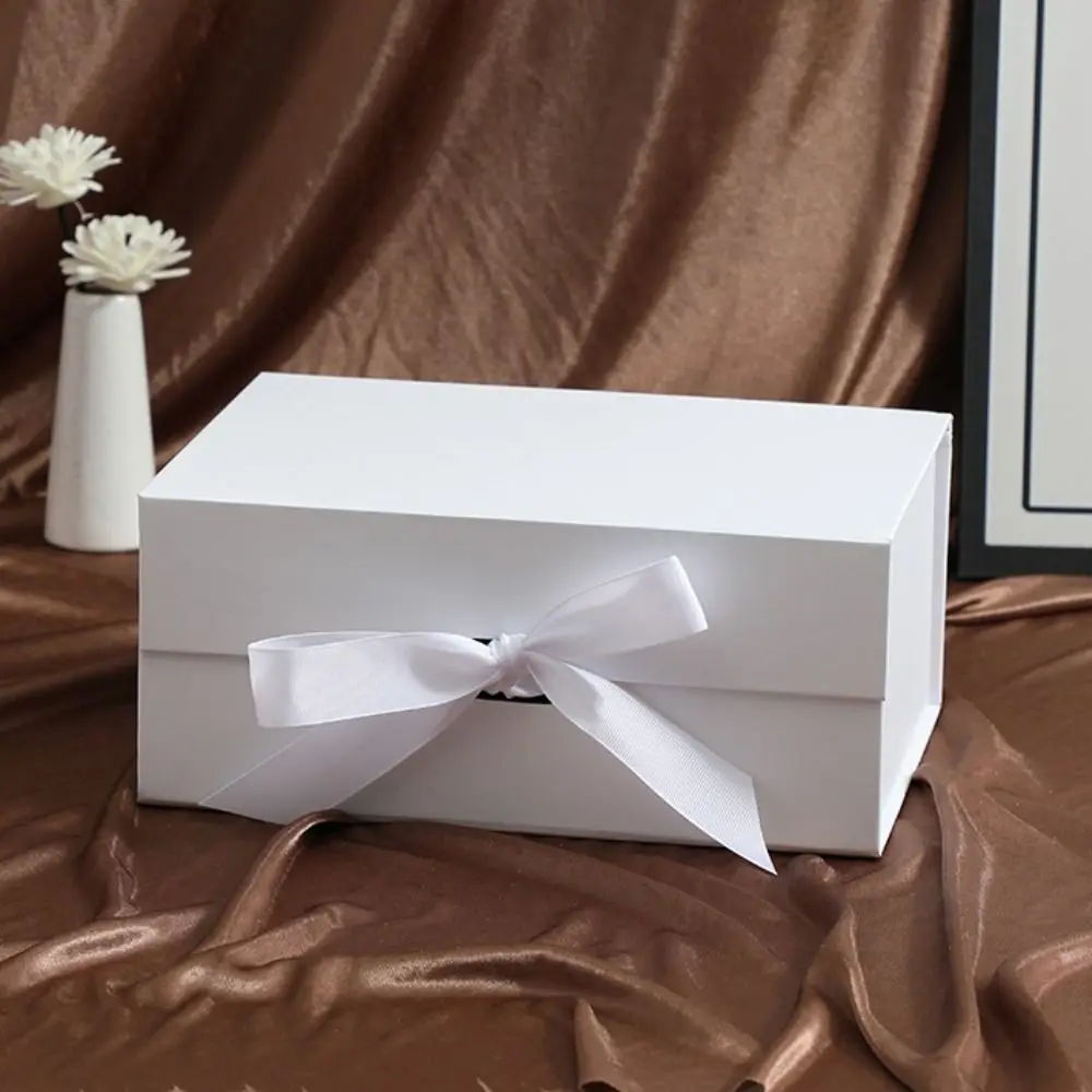 Pure Color Gift Box Flip Cover Ribbon Decoration Cardboard Folding Box One-Piece Design Foldable Gift Packaging Bridesmaid Gifts
