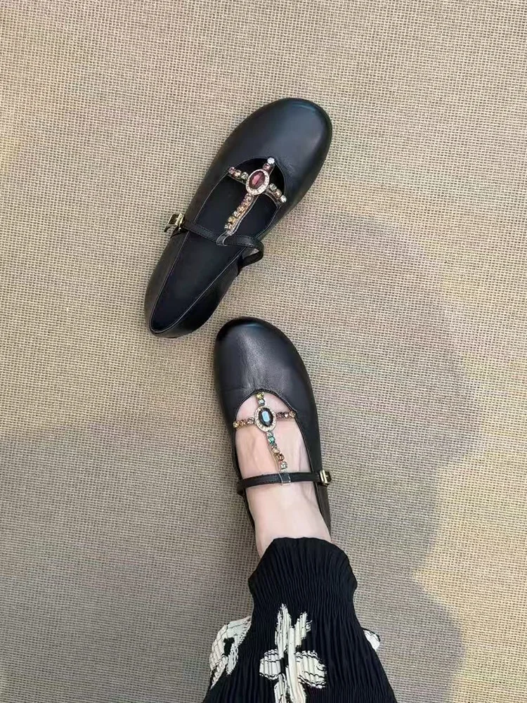 Beautiful Water Diamond Mary Jane Shoes Women's round Head Buckle Commuter College Style Ballet Single Shoes Leather Version