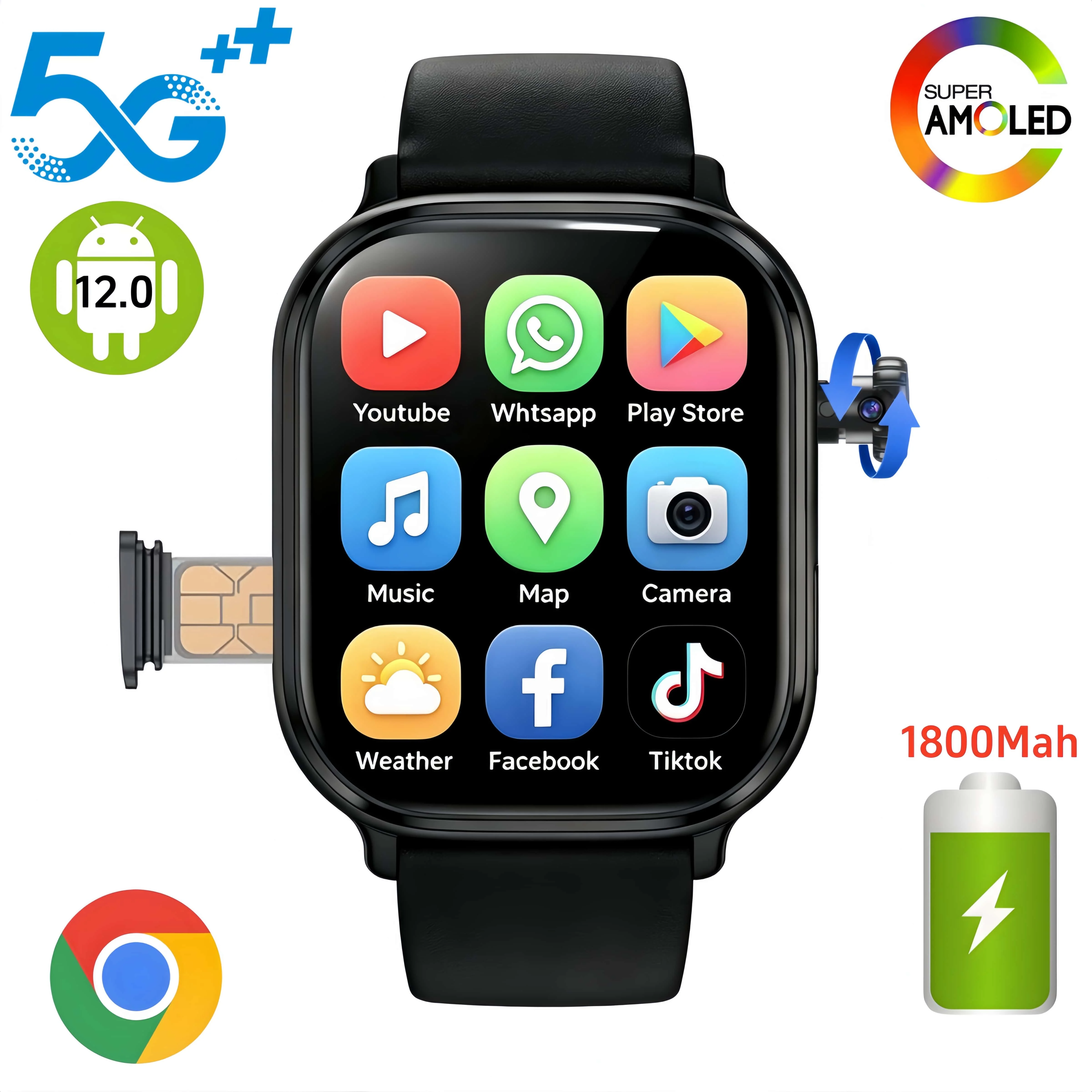 S12 Pro Smartwatch GPS WIFI 5G LTE Android 12.0 Smart Watch With 2.29inch Amoled Screen Rotary Camera Sim Card health monitoring