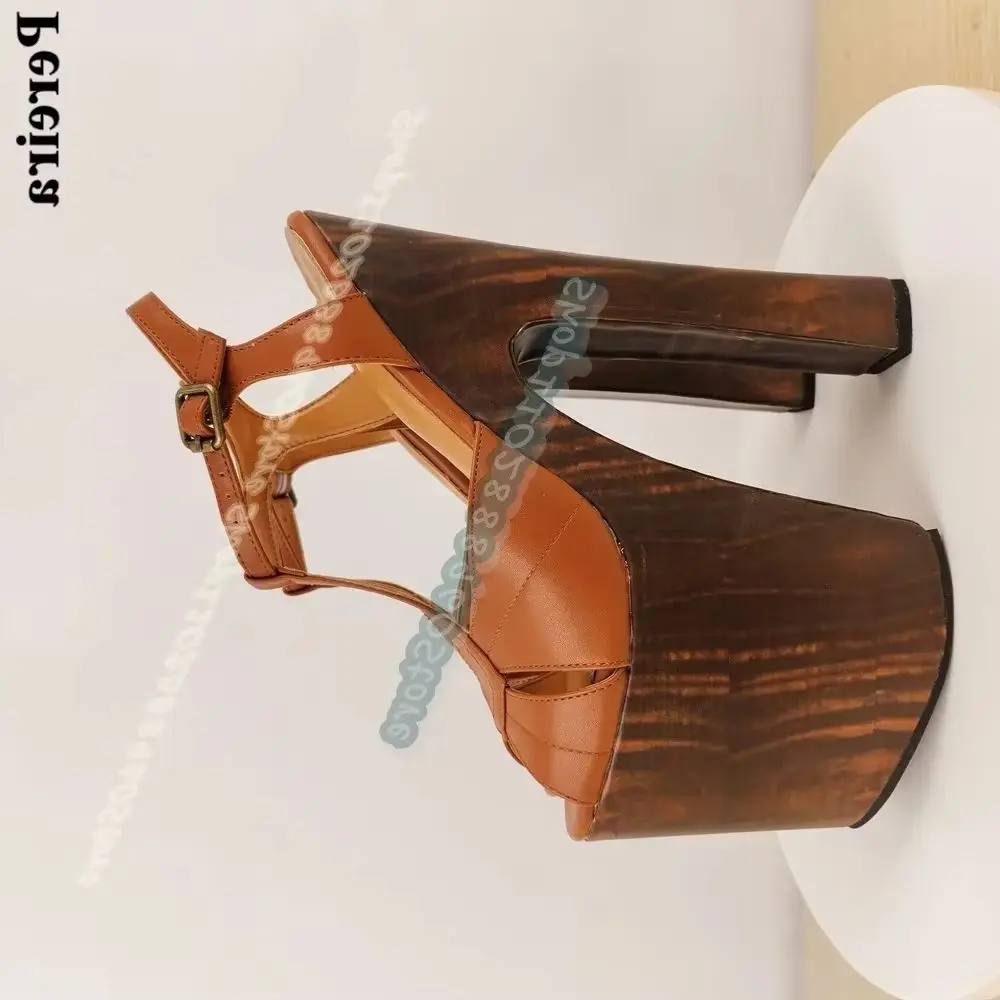 

Brown Leather T Strap Platform Wood Printing Sandals Chunky High Heel Shoes For Women Ankle Buckle Strap Peep Toe Trendy Sandals