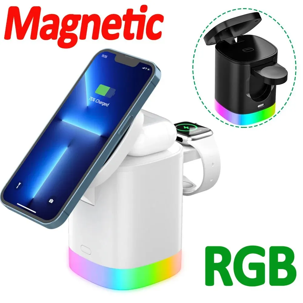 3 in 1 Magnetic Wireless Charger Stand RGB LED Light Fast Charging Station Dock Phone Holder for iPhone 15 14 13 AirPods IWatch