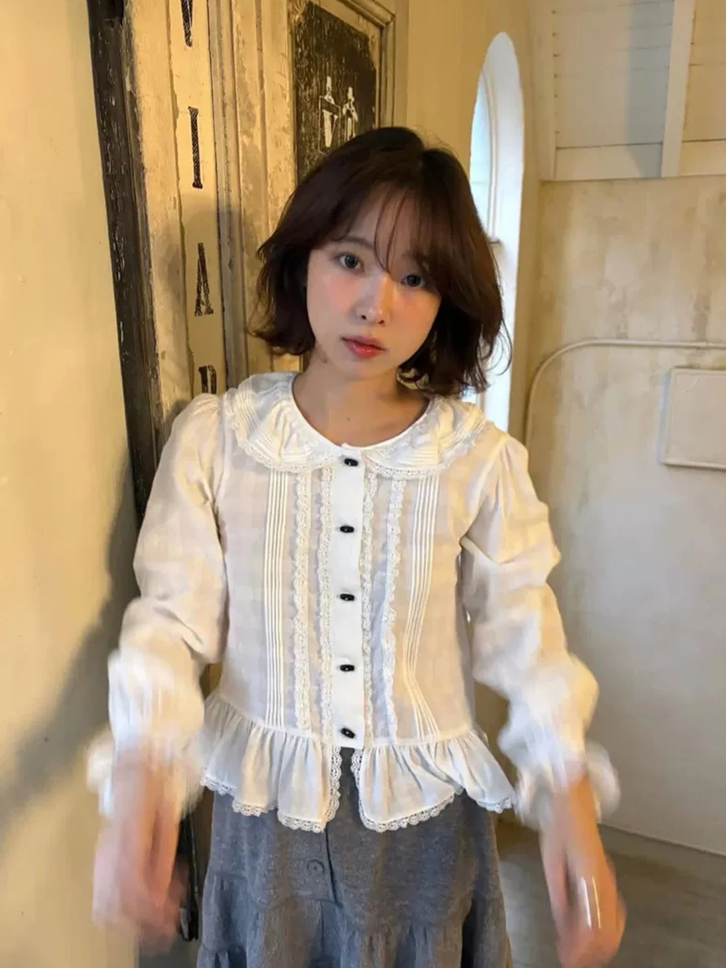 

MOSA Lace Trim Doll Collar Loose Women's irt Layering Top Commute Sle Long Sve Not Deformable Chinese Production