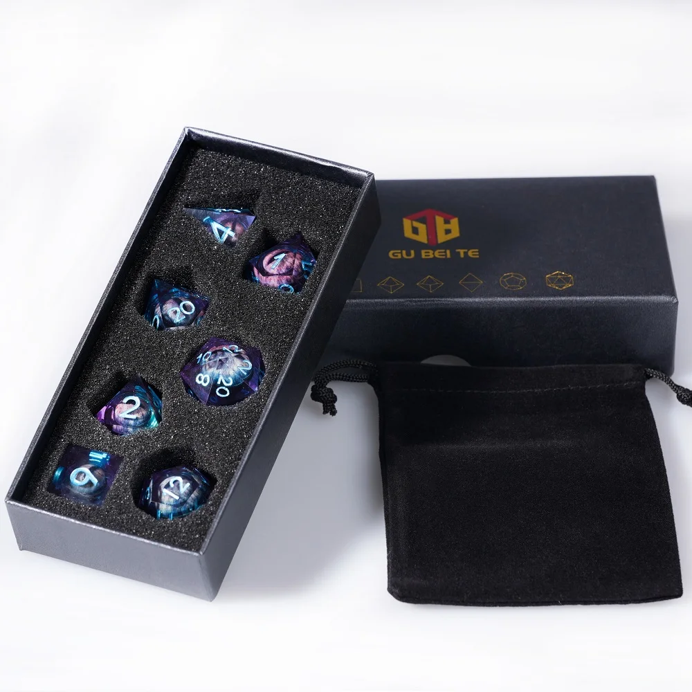 Dargon Eye DND Dice Set, Cat Eye Purple Liquid Core, Sharp Edge, Handmade Polyhedral Resin Dice, Multi-Sided Small, D6 ~ D20, 1-7Pcs