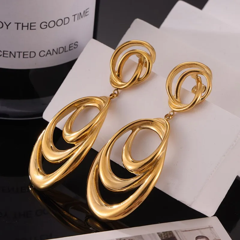 Stainless Steel Hanging Earrings For Women Gold Plated Non-Fading Women\'s Big Large Dangle Earring Girls Silver Color Ear Rings
