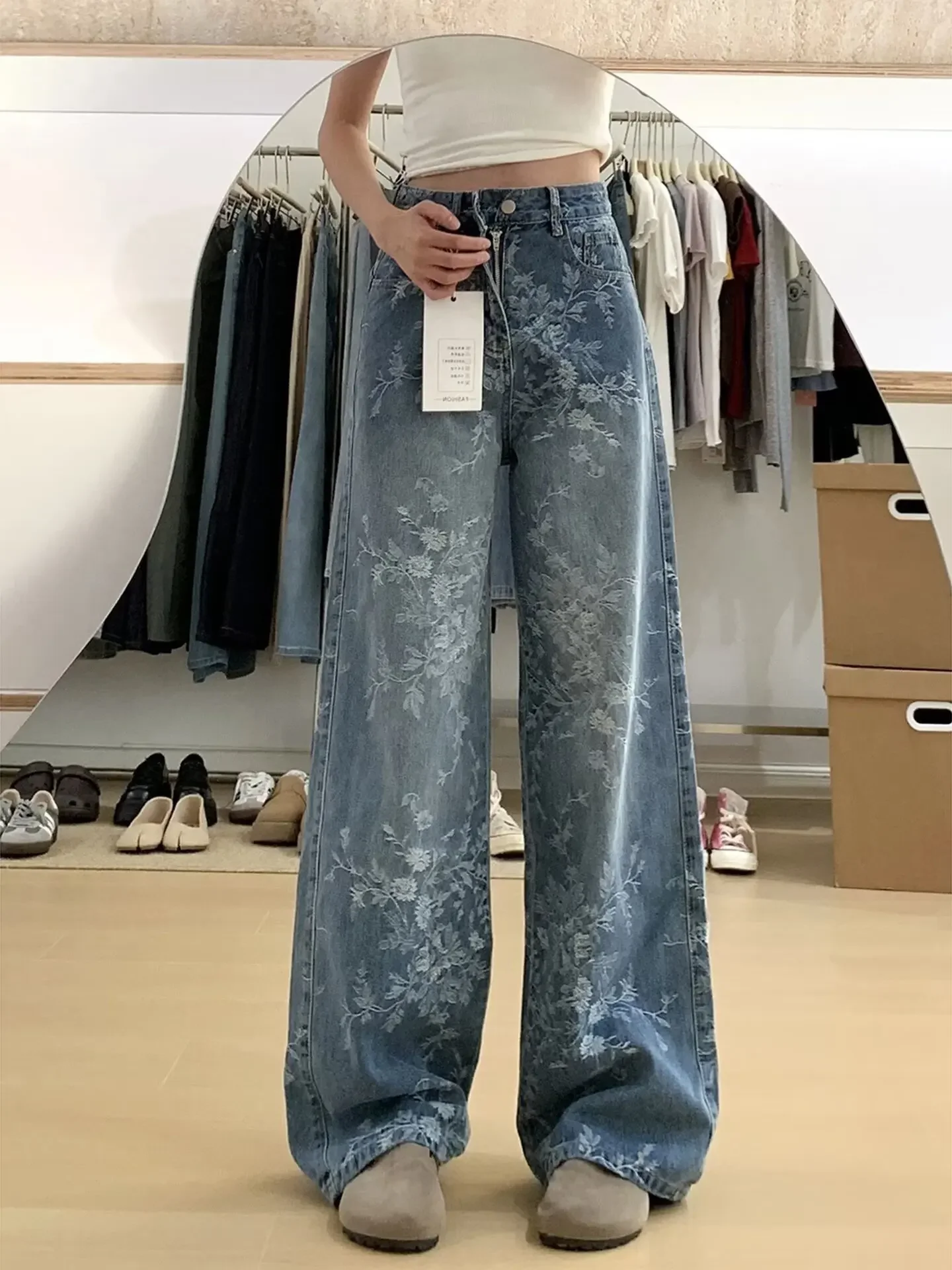 Women's Blue Y2k Baggy Jeans Harajuku 90s Vintage Flower Print Denim Trouser Japanese 2000s Style Fashion Oversize Jeans Pants
