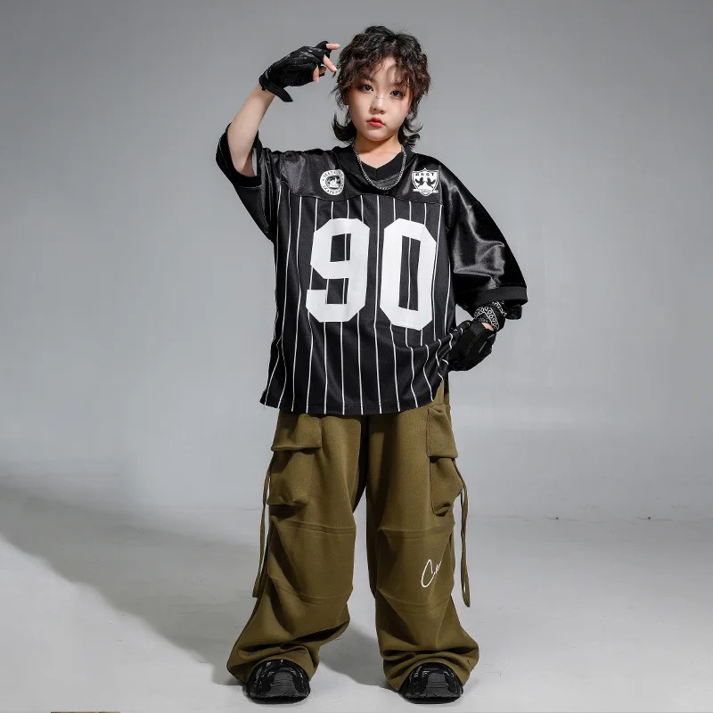

Kid Hip Hop Clothing Black Stripe V Neck T Shirt Army Green Casual Parachute Cargo Pants for Girl Boy Jazz Dance Costume Clothes