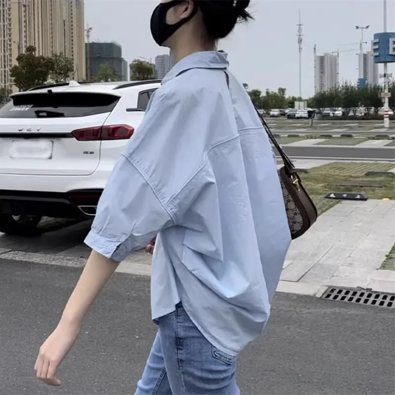 Spring New Women's Loose Casual Shirt Sun Protection Outerwear White Ladies Small Size Shirt Fashionable Button up Polyester