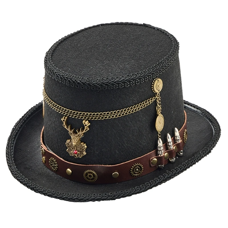 R7UF Antique Gothic Leather Top Hat With Wing Goggles For Men Women