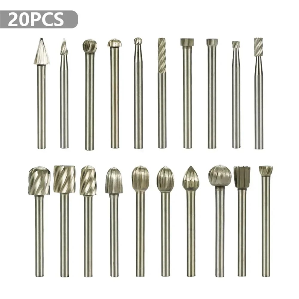 

Rotary Router Milling Cutter 20pcs 3mm Shank HSS Routing Bits Burr Wood Carving Tool Kit Woodworking Tools