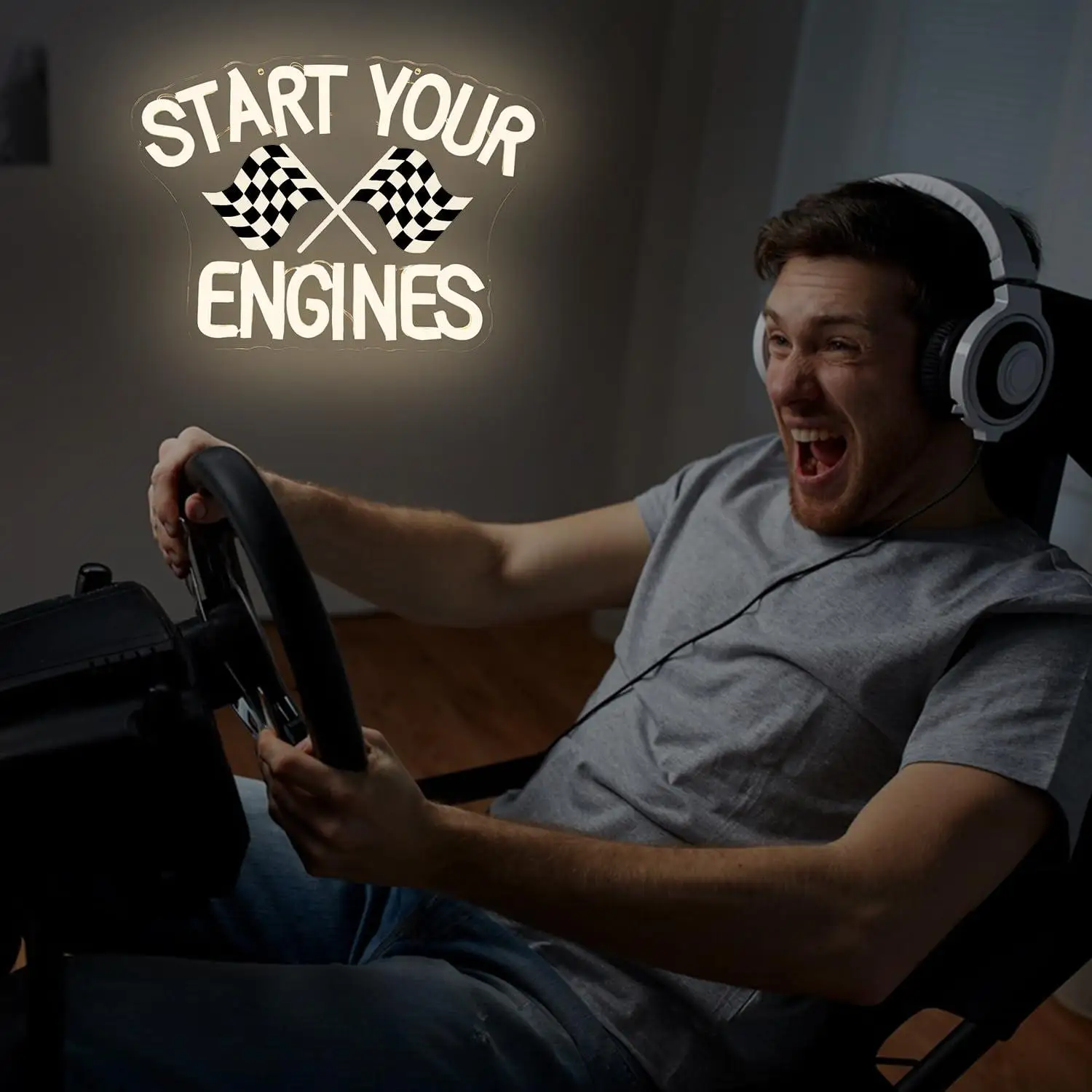 Start Your Engines Neon Sign USB Dimmable LED Neon Light for Racing Party Race Car Room Garage Classroom Wall Decoration Gifts