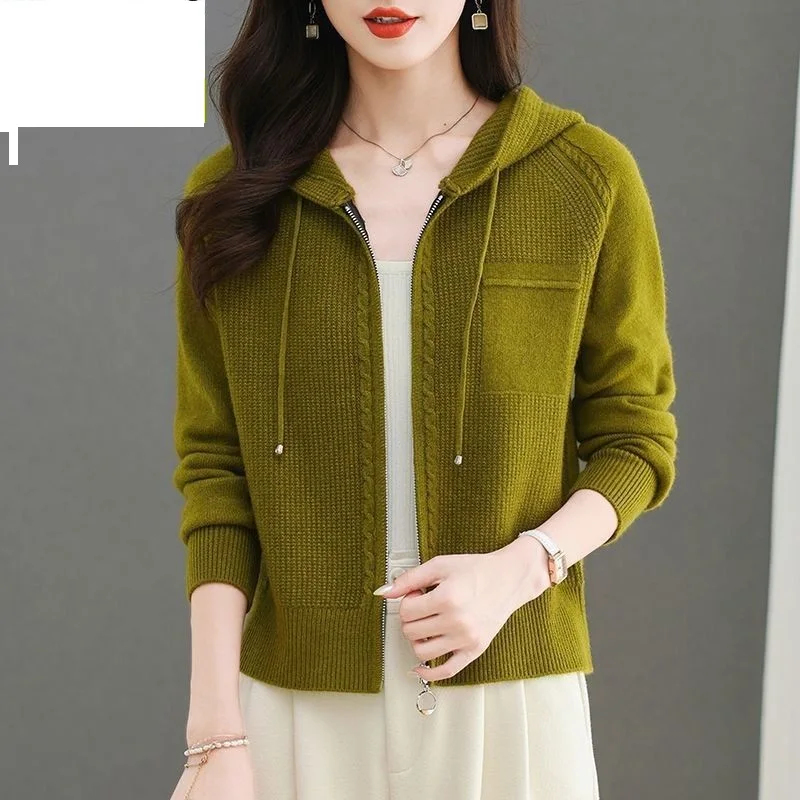 

Женское модное пальто с капюшоном, шерстяной свитер на молнии, осень 2022, новый женский свитер-кардиган в западном стиле.