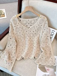 Women Solid Beige Knit V-neck Sweater Long Sleeve Hook Flower Hollow Pullover Bohemian Style Outerwear Female Casual Loose Tops
